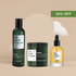 Dark green repair shampoo bottle, matching repair mask jar, and yellow nourishing hair oil dropper bottle.